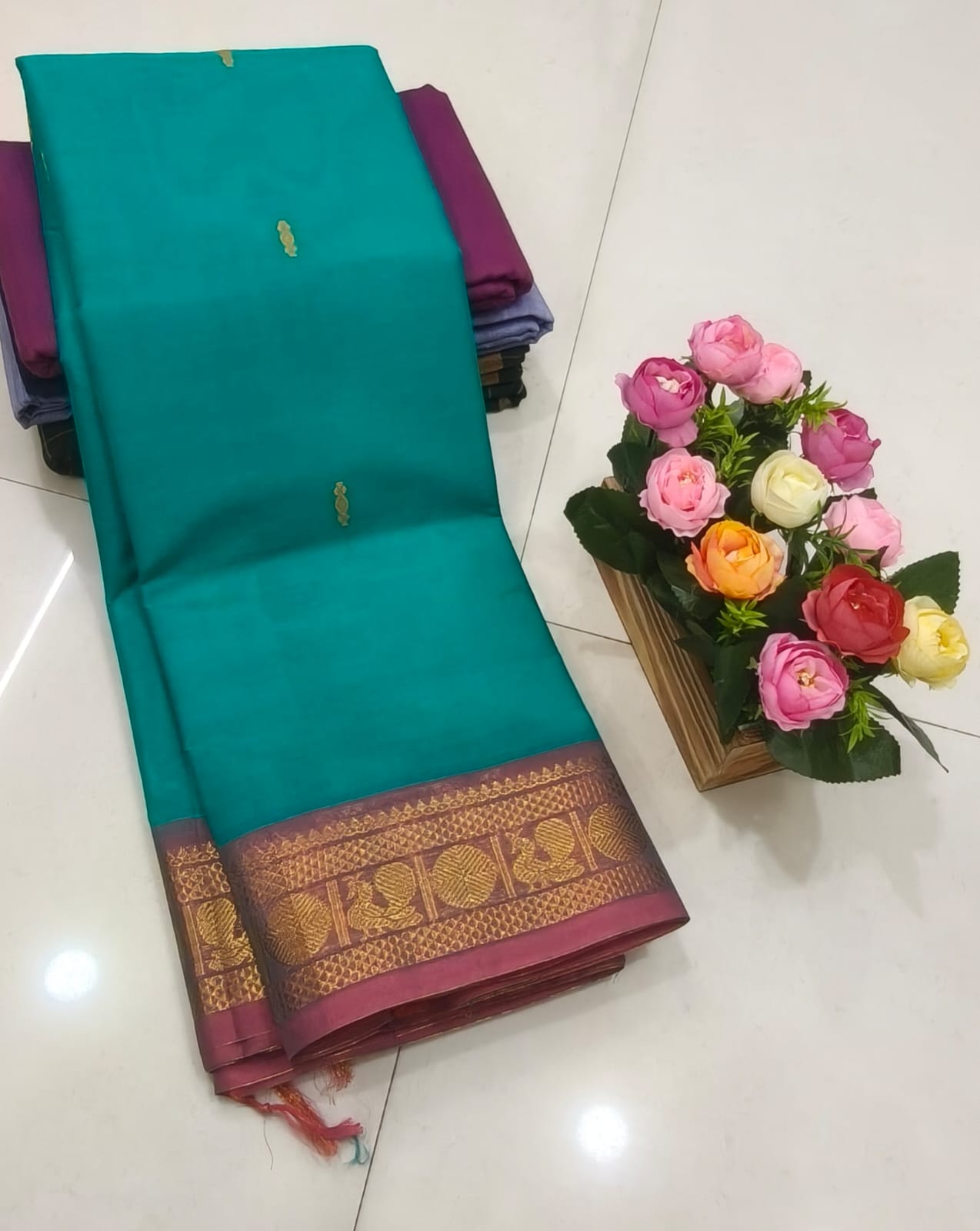 Turquoise Butta Kanchi Cotton Saree